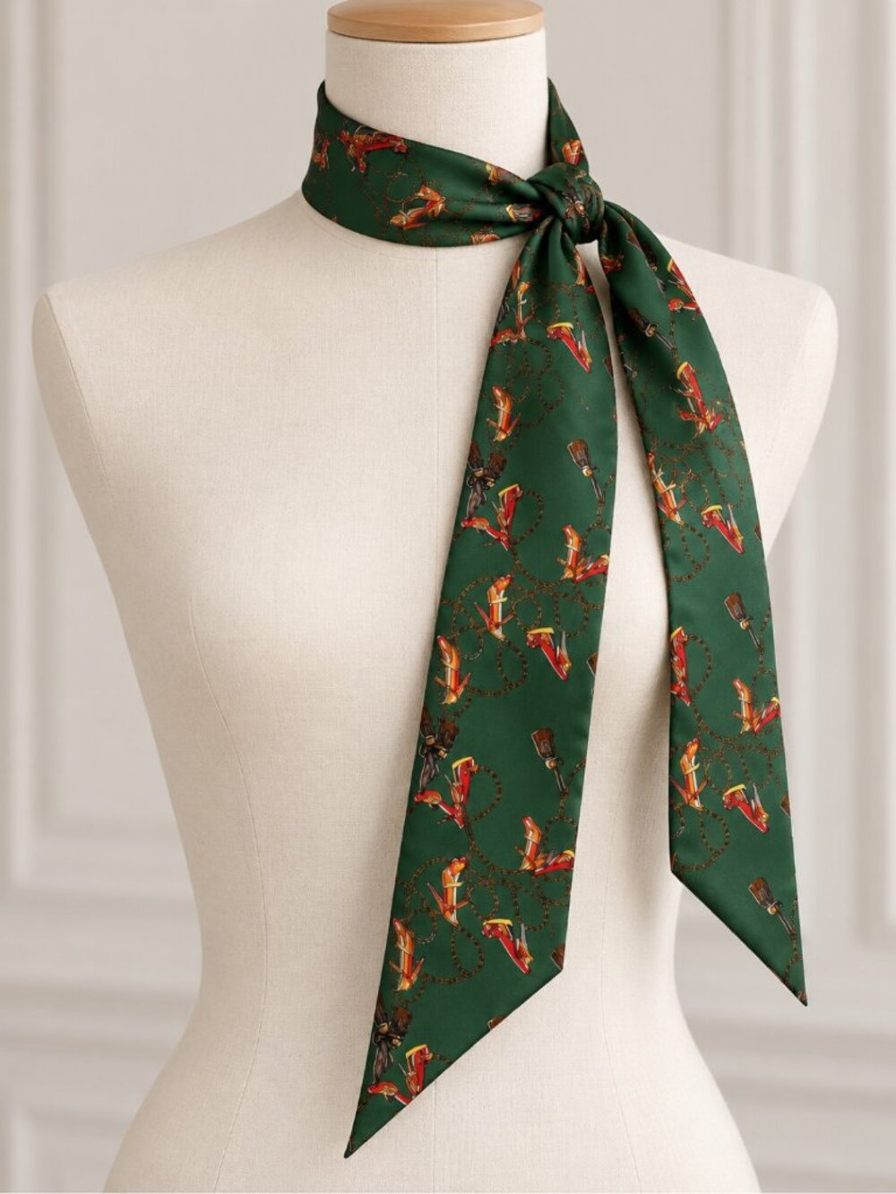 Green Equestrian Print Long Skinny Scarf